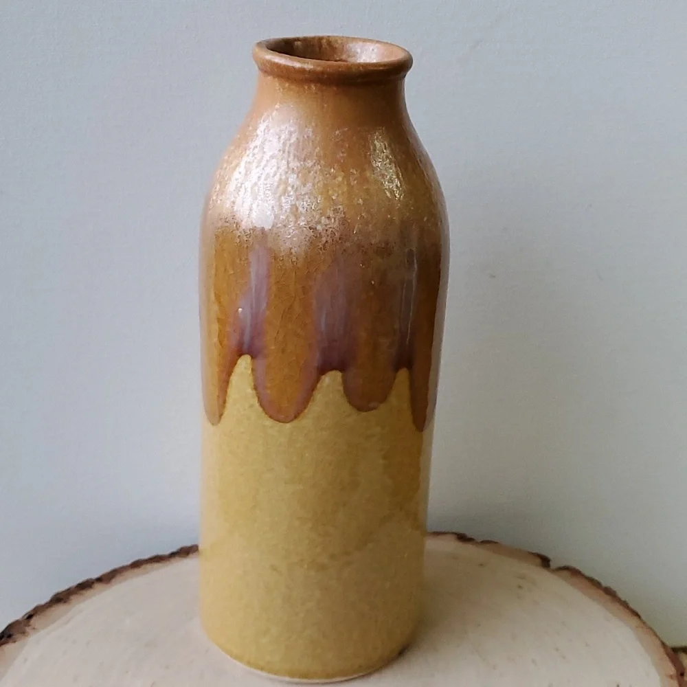Tall Drip Glaze Crackle Ceramic Vase Yellow Brown